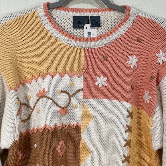 Vintage 80s Patchwork Floral Sweater Coastal Grandma Cottage Prairie Kawaii L - Picture 2 of 10